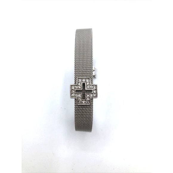 Sterling Silver Mesh Bracelet with CZ Cross Bracelet 7" - Picture 2 of 9